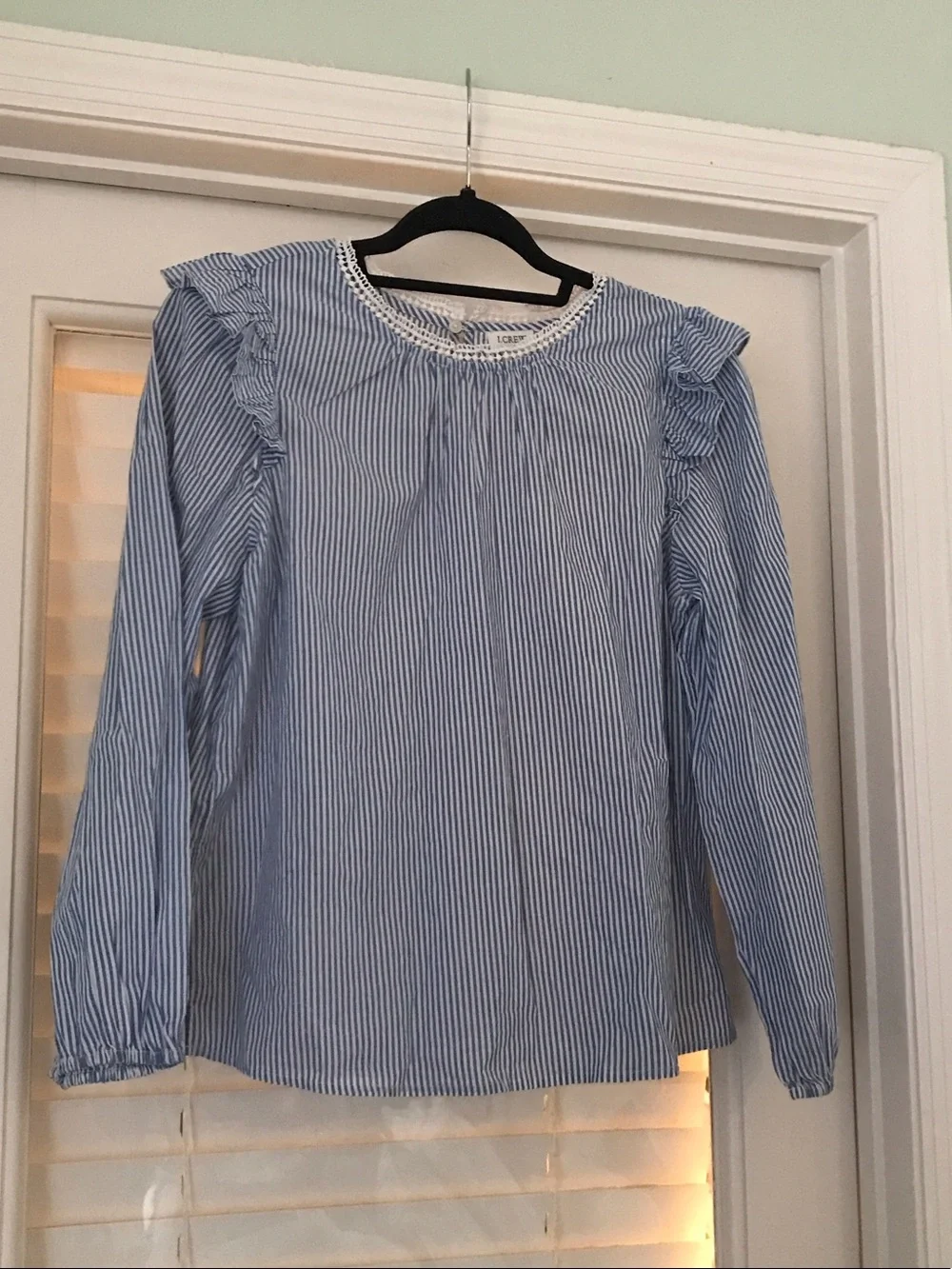 J crew  Blue and White Pinstripe Ruffle Shoulder Blouse